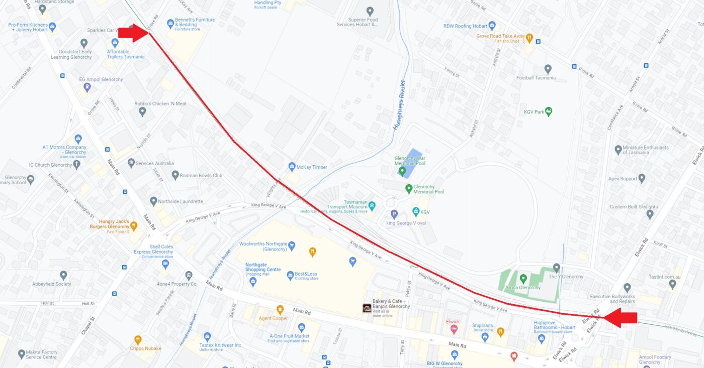 A google map view of the Intercity Cycleway showing the section where trains will be running marked by two red arrows and red line running between them.