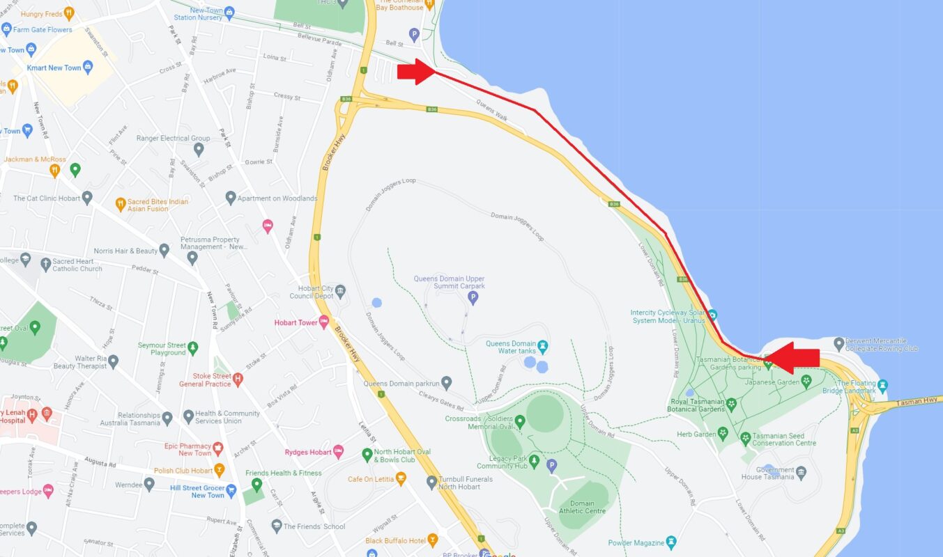 A Google Map of the Intercity Cycleway showing where it will be closed with two red arrows and red line running between them.