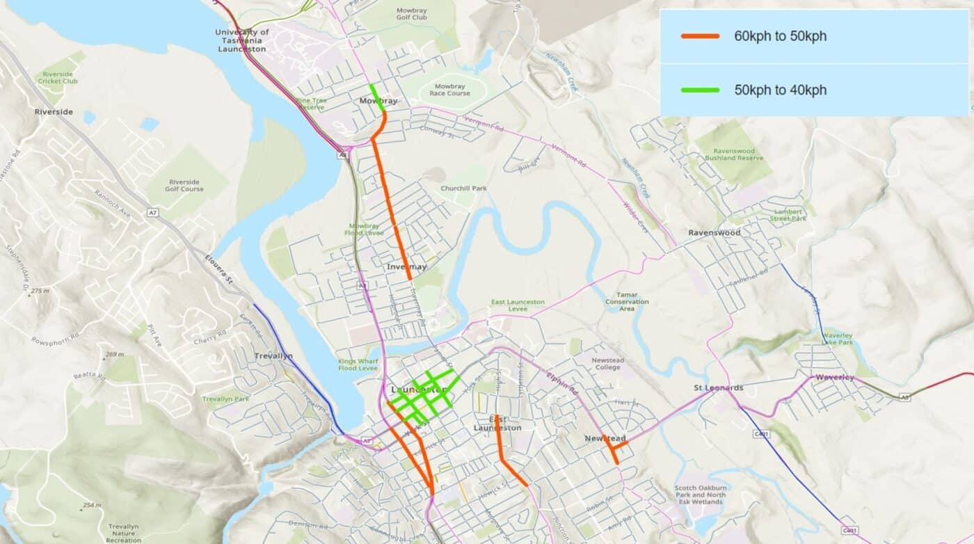 Map of Launceston showing green where speed limits will be dropped from 50 to 40 km and red where the reduction is 60 to 50 km.